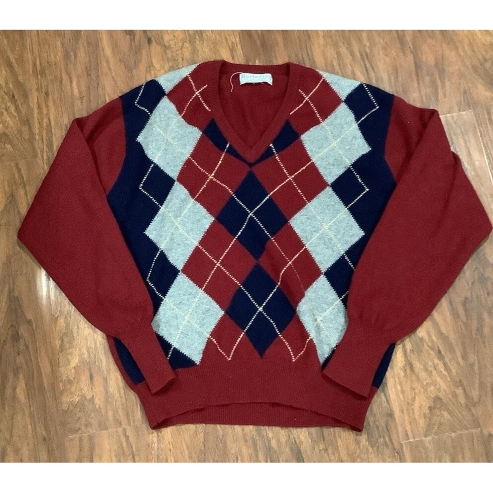 Burberry 90s Argyle Pure Cashmere V-neck Knit Sweater Made Scotland